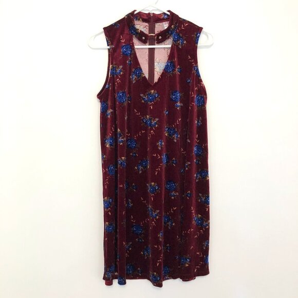 XHILARATION O-Ring Velvet Shift Dress Burgundy Maroon Red Floral Choker Cutout M - Picture 2 of 12